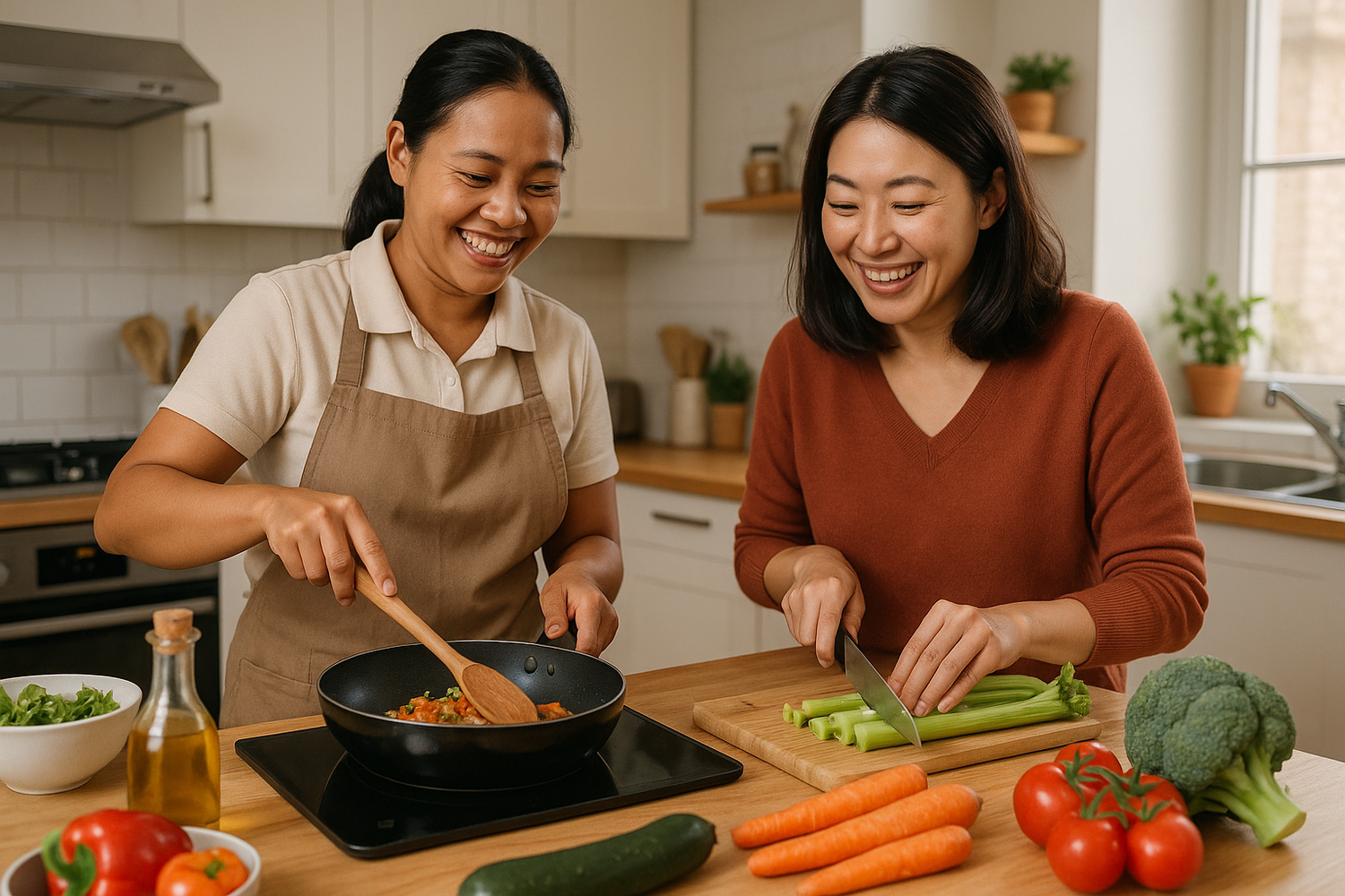 女傭跟亞洲人僱主煮飯